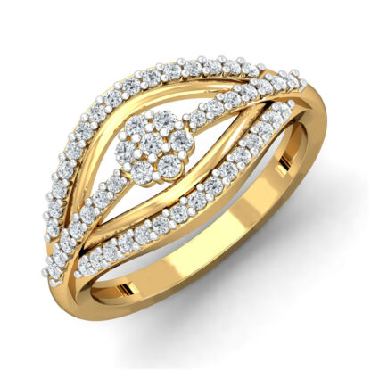 Front view of yellow gold diamond flower leaf frame ring