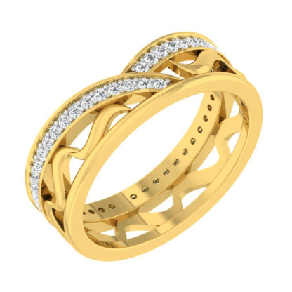 Front view of yellow gold diamond wave lattice band ring