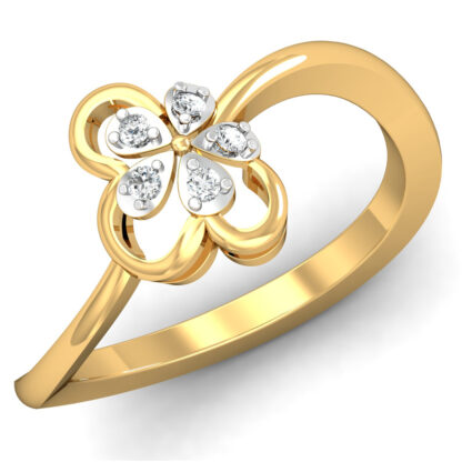 Front view of yellow gold open diamond clover leaf ring