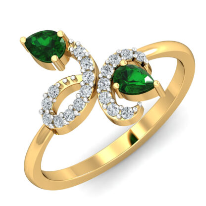 Front view of yellow gold emerald diamond vine scroll ring