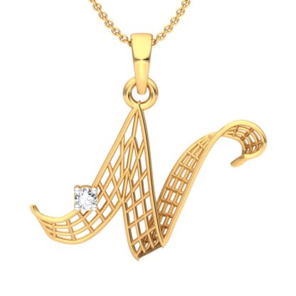Front view of yellow gold initial N pendant in an openwork lattice design