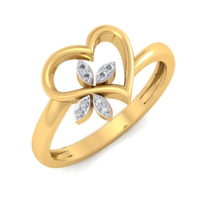 Front view of yellow gold open heart diamond clover ring