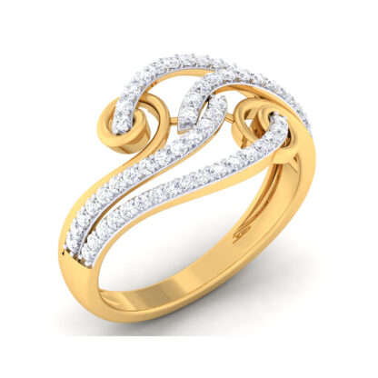 Front view of yellow gold sculptural diamond scroll ring
