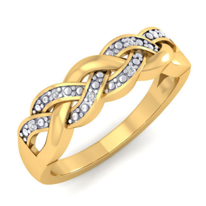 Front view of yellow gold braided diamond band ring