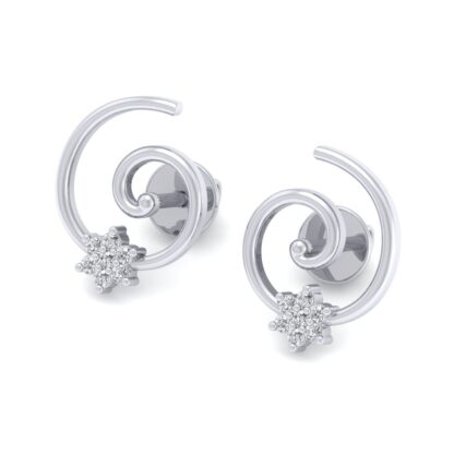 Front view of white gold spiral coil stud earrings with a diamond flower cluster