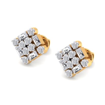 Front view of yellow gold cluster stud earrings mixing round and baguette diamonds