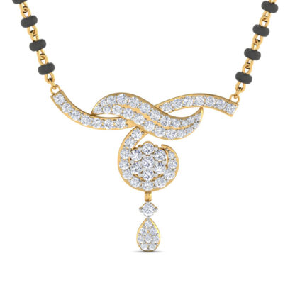 Front view of yellow gold mangalsutra with a diamond ribbon twisting into a rose cluster