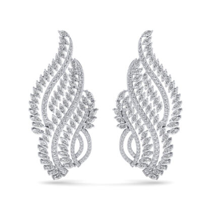 Front view of white gold layered diamond feather drop earrings