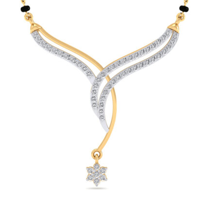 Angled view of yellow gold mangalsutra pendant showing the ribbon curve detail