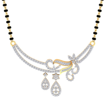 Front view of yellow gold mangalsutra with an ornate diamond cluster and two pear drops