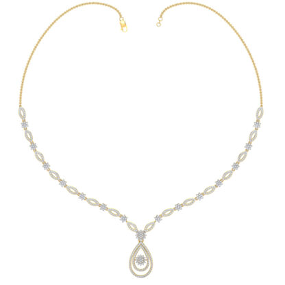 Front view of yellow gold necklace with marquise diamond links and a pear drop