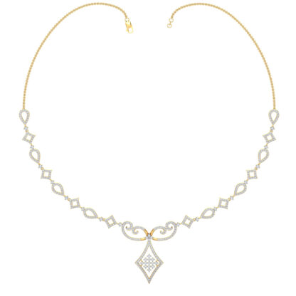 Front view of yellow gold necklace with alternating pear and square diamond links