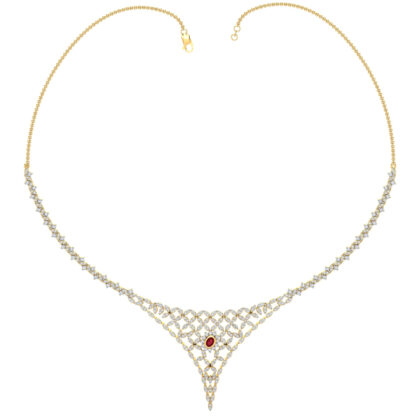 Front view of yellow gold necklace with a diamond lattice and bezel-set ruby centre