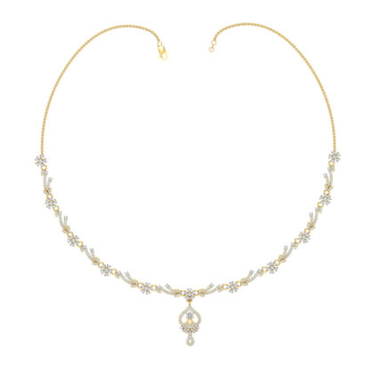 Angled view of yellow gold necklace showing the leaf and flower motif detail