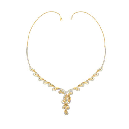Front view of yellow gold necklace with graduated diamond leaf links and a floral drop