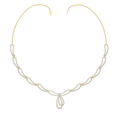 Front view of yellow gold necklace with pave diamond scallop loops and a looped drop