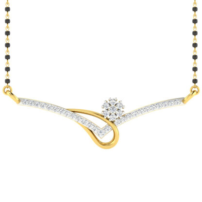 Angled view of yellow gold mangalsutra pendant showing the curl detail