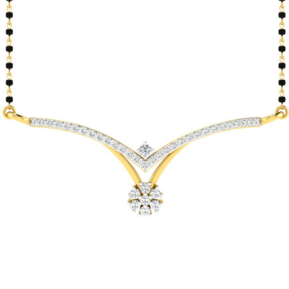 Angled view of yellow gold mangalsutra pendant showing the chevron detail