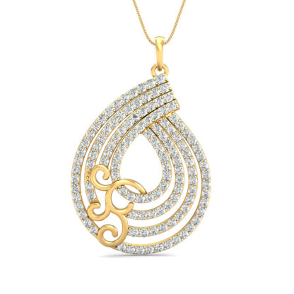 Angled view of yellow gold pear pendant showing the scroll accent detail