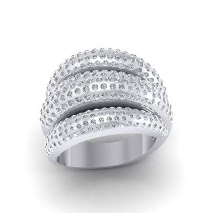 Front view of wide white gold ring with three stacked domed bands of flush-set diamonds