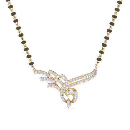 Angled view of yellow gold mangalsutra pendant showing the curl detail