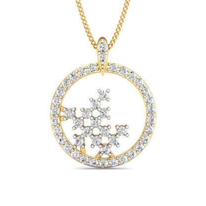 Side profile of yellow gold diamond halo pendant showing depth