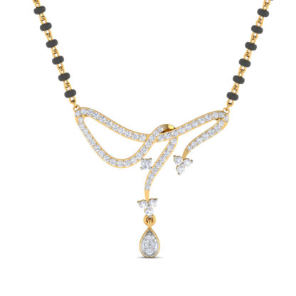 Front view of yellow gold mangalsutra with a diamond bow knot and pear drop