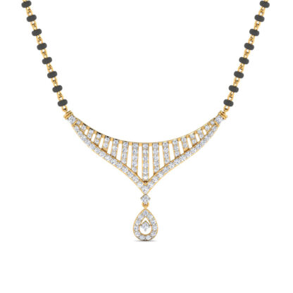 Angled view of yellow gold mangalsutra pendant showing the fan detail