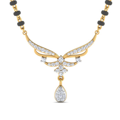 Angled view of yellow gold mangalsutra pendant showing the butterfly wing detail