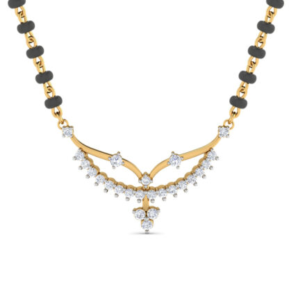 Angled view of yellow gold mangalsutra showing the feather sweep detail