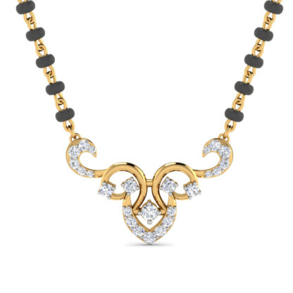 Angled view of yellow gold mangalsutra showing the interlocking scroll detail