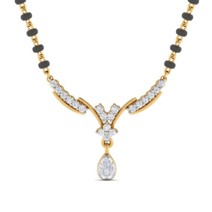 Angled view of yellow gold mangalsutra pendant showing the flower cluster detail