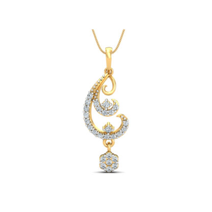 Side profile of yellow gold paisley pendant showing the flower drop depth