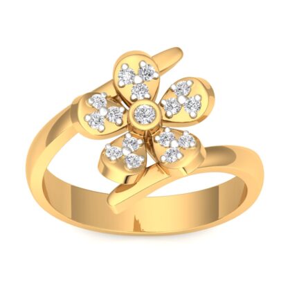 Front view of yellow gold five-petal diamond flower ring with a bezel-set center diamond
