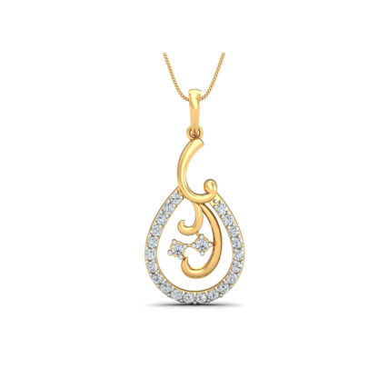 Angled view of yellow gold teardrop pendant showing the vine detail
