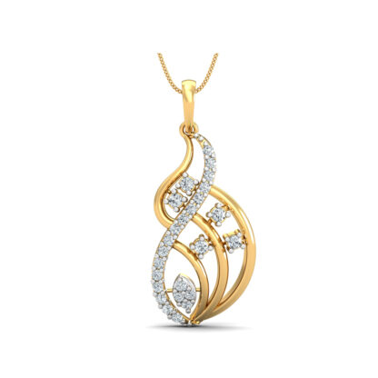 Angled view of yellow gold paisley pendant showing scattered diamond detail