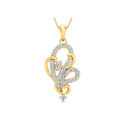 Side profile of yellow gold diamond scroll pendant showing depth