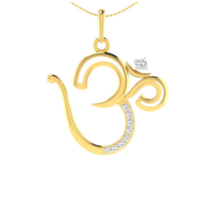 Angled view of yellow gold Om pendant showing the diamond line detail