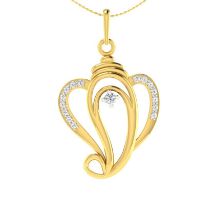 Angled view of yellow gold pendant showing the swirling diamond accents
