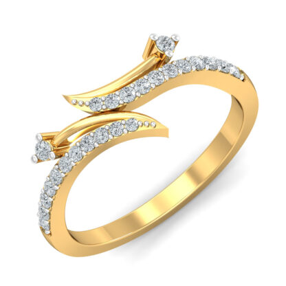 Perspective view of yellow gold bypass ring with two pave diamond blades each tipped with a prong-set diamond