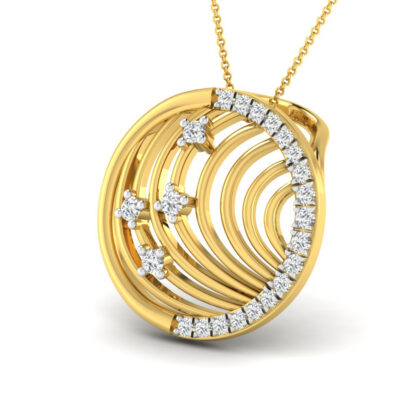 Front view of yellow gold ribbed circle pendant with a diamond edge and scattered diamonds