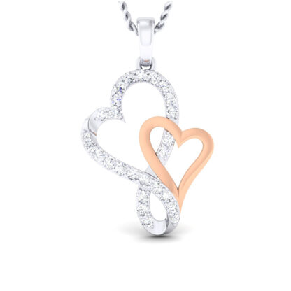 Angled view of two-tone heart pendant showing the interlocked infinity detail
