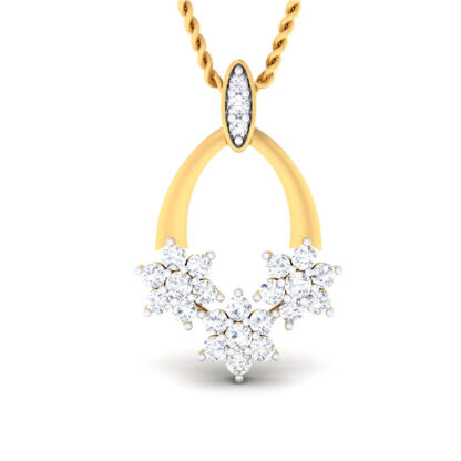Front view of yellow gold pendant with three diamond flower clusters on an oval frame