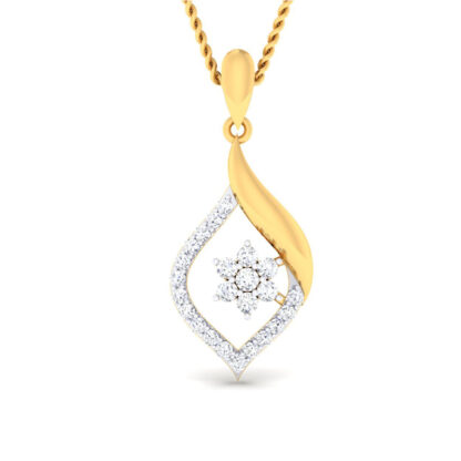 Side profile of yellow gold diamond pendant showing the flame curve detail