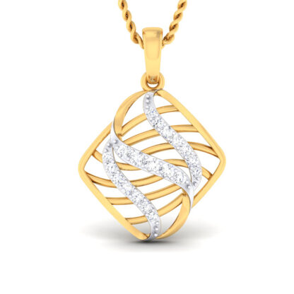 Front view of two-tone diamond-shaped cage pendant with a swirling diamond band