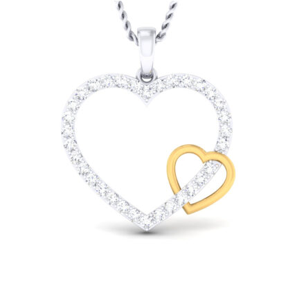 Angled view of two-tone interlocked heart pendant showing the diamond outline