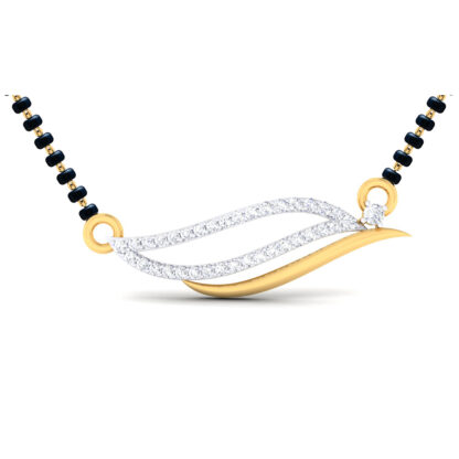 Close-up of yellow gold mangalsutra pendant showing the curved diamond lines