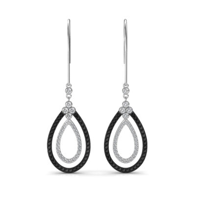 Front view of white gold drop earrings with a double teardrop outline in black and white diamonds