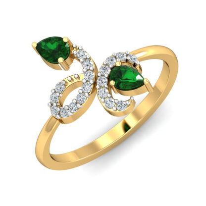Side view of yellow gold emerald diamond vine scroll ring
