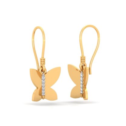 Side view of yellow gold butterfly drop earrings showing the hook wire